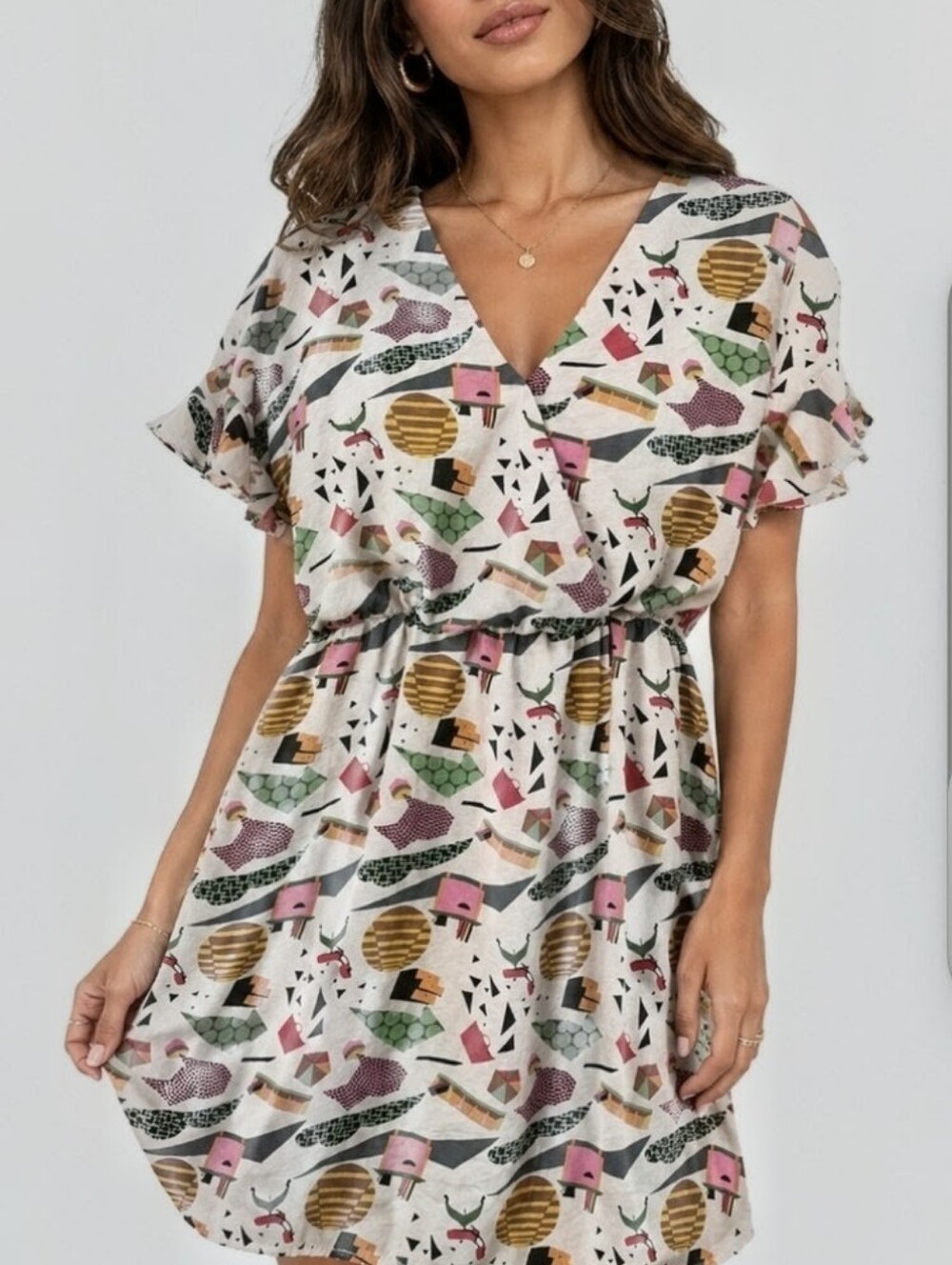 THML MCM/Retro Inspired Print Dress Multicolor  V-Neck Above Knee Faux Wrap XS